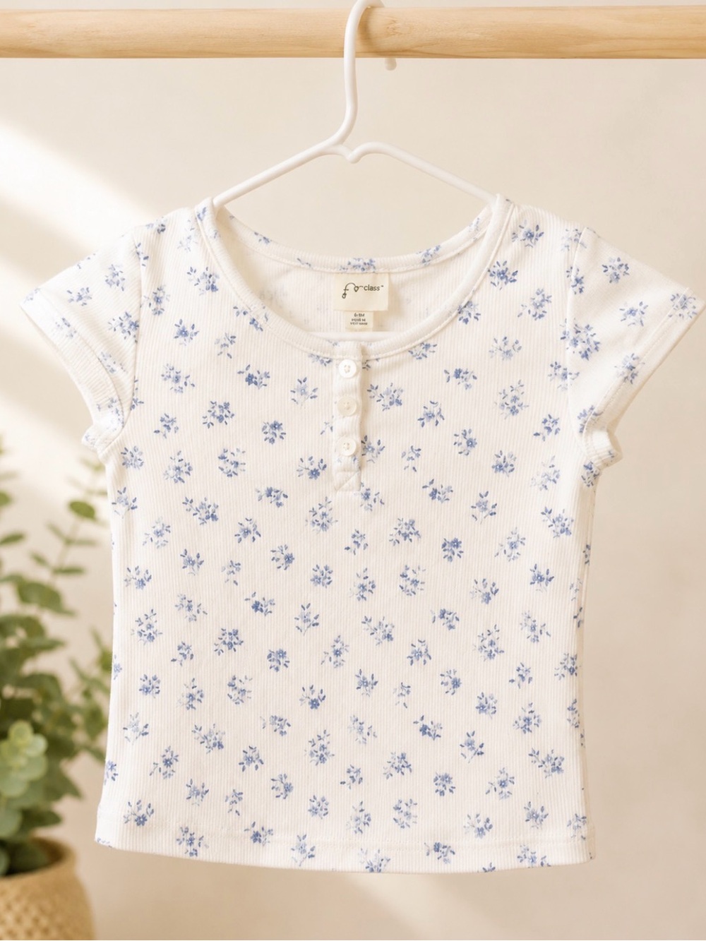 Girls' Cream Short-Sleeve Ribbed Henley Tee with Blue Floral Print